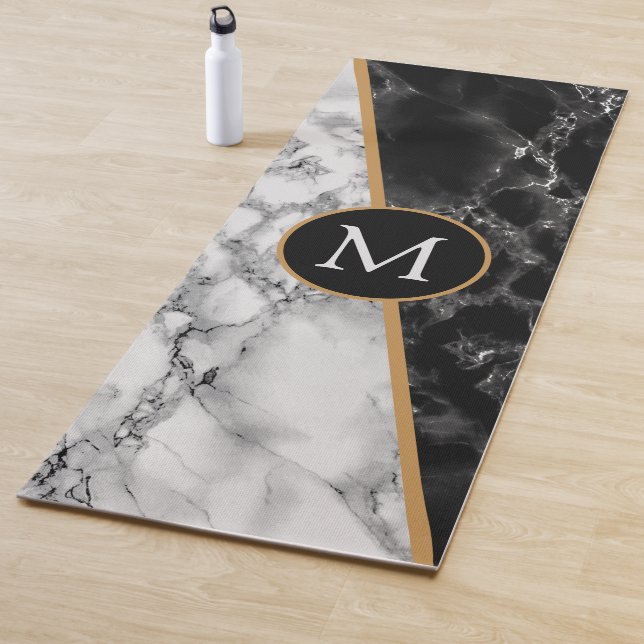 Personalized Letter Yoga Mat Black White Marble (In Situ)