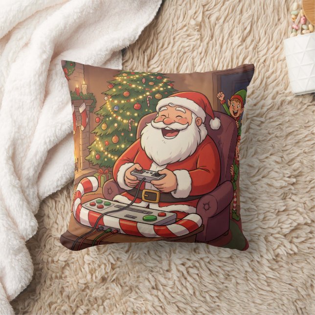 Personalized Level Up Christmas Funny Gamer Santa Throw Pillow (Blanket)
