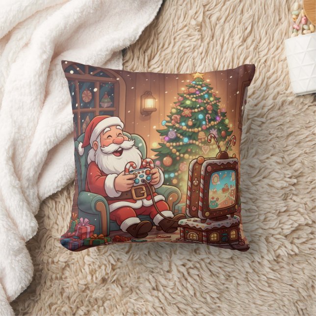 Personalized Level Up Christmas Funny Gamer Santa Throw Pillow (Blanket)