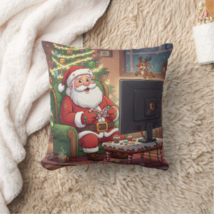 Personalized Level Up Christmas Funny Gamer Santa Throw Pillow
