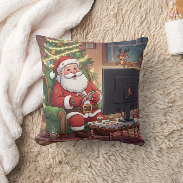 Personalized Level Up Christmas Funny Gamer Santa Throw Pillow (Blanket)