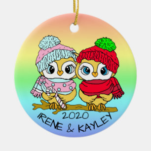 Personalized LGBT Love Birds Owls Christmas Ceramic Ornament