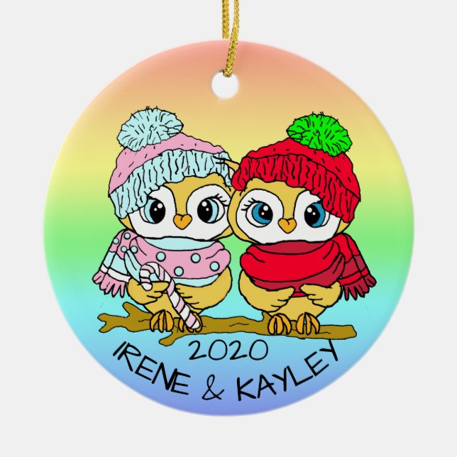 Personalized LGBT Love Birds Owls Christmas Ceramic Ornament (Front)