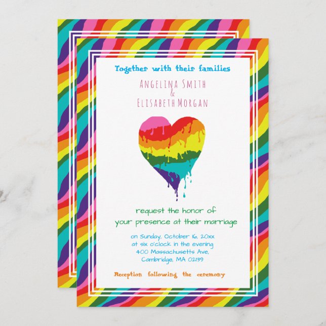 Personalized  LGBT Rainbow Heart  Wedding Invitation (Front/Back)