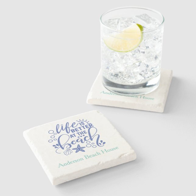 Personalized Life is Better at Beach Blue Green Stone Coaster (Side)