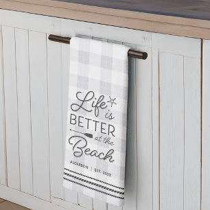 Personalized Life Is Better at the Beach Plaid Kitchen Towel