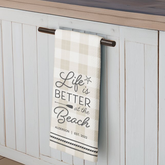Personalized Life Is Better at the Beach Plaid Kitchen Towel (Creator Uploaded)