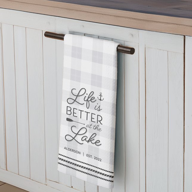 Personalized Life Is Better at the Lake Plaid Kitchen Towel (Creator Uploaded)