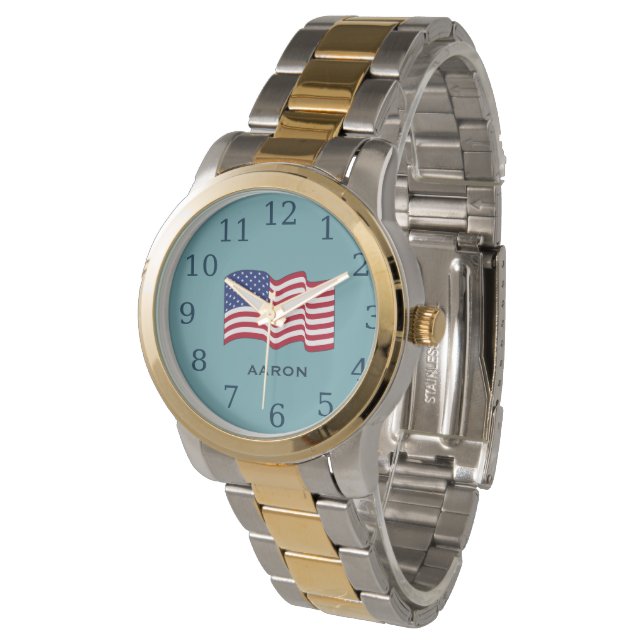 Personalized Light Blue American Flag Watch (Angled)