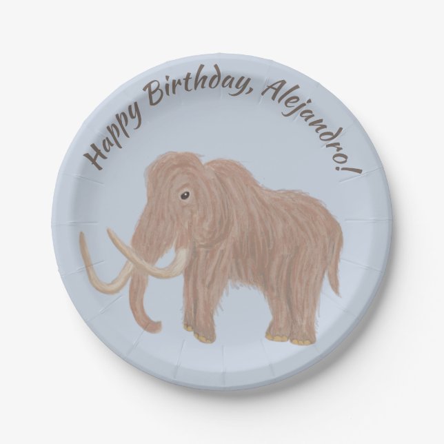 Personalized Light Blue, Brown Woolly Mammoth Paper Plates (Front)