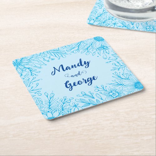 Personalized Light Blue Floral Frame Wedding Square Paper Coaster