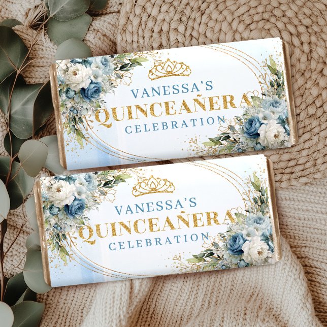 Personalized Light Blue Floral Gold Sweet 15   Hershey Bar Favors (Personalized Light Blue Floral Gold Sweet 15 Hershey)