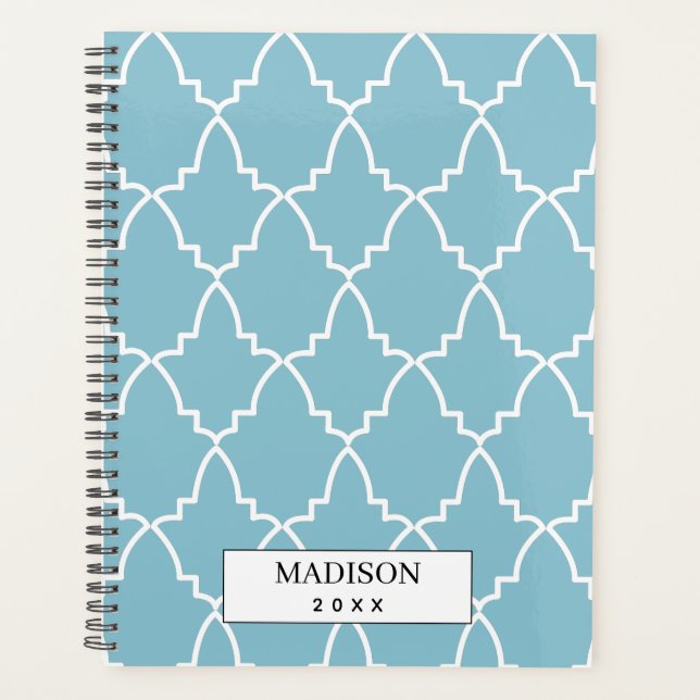 Personalized Light Blue Moroccan Lattice Pattern  Planner (Front)
