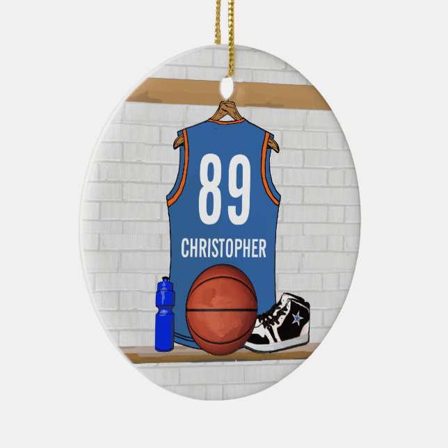 Personalized Light Blue Orange Basketball Jersey Ceramic Ornament (Right)