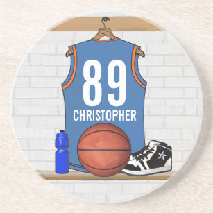 Personalized Light Blue Orange Basketball Jersey Coaster