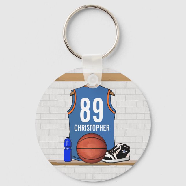 Personalized Light Blue Orange Basketball Jersey Keychain (Front)