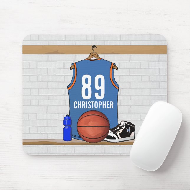 Personalized Light Blue Orange Basketball Jersey Mouse Pad (With Mouse)
