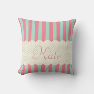 Personalized Light Blue Pink Stripes Polka Dots Throw Pillow