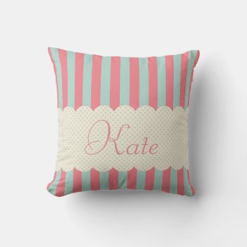 Personalized Light Blue Pink Stripes Polka Dots Throw Pillow by VintageDesignsShop at Zazzle