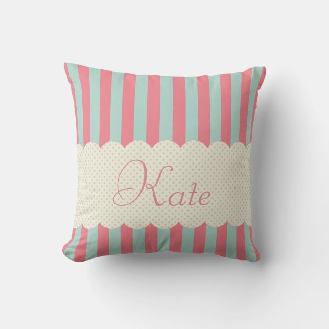 Personalized Light Blue Pink Stripes Polka Dots Throw Pillow (Front)