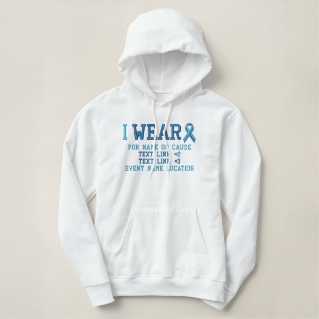 Personalized Light Blue Ribbon Awareness Embroidered Hoodie (Design Front)