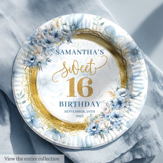 Personalized Light Blue Sweet Sixteen Gold Glitter Paper Plates (Personalized Light Blue Sweet Sixteen Gold Glitter Paper Plates)