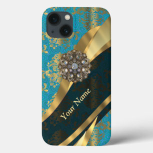 Personalized light blue vintage damask pattern iPhone 13 case