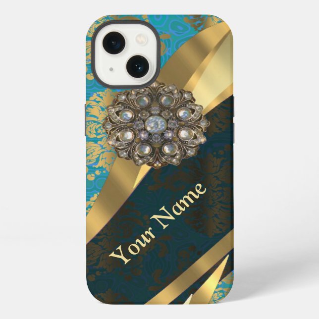 Personalized light blue vintage damask pattern iphone case (Back)