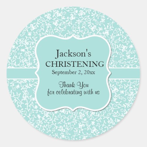 Personalized Light Blue  White Floral Christening Classic Round Sticker