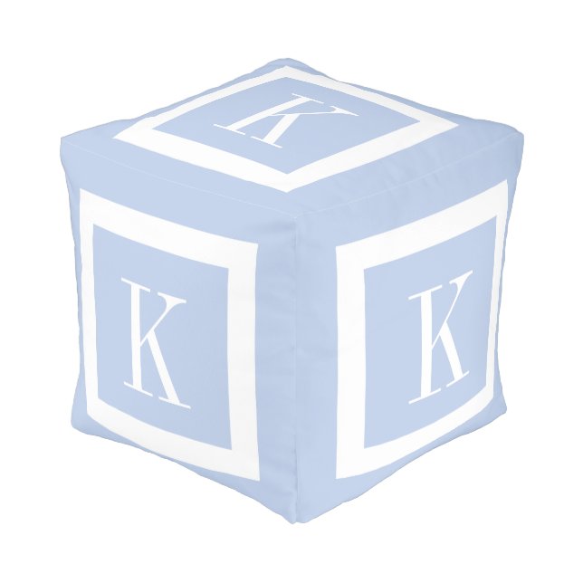 Personalized Light Blue White Monogram Pouf (Angled Front)
