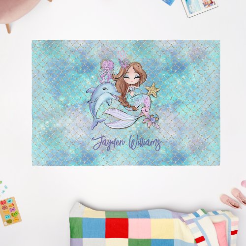 Personalized Light Brown Mermaid Girl Bedroom Rug