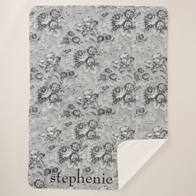 Personalized Light & Dark Gray Florals Sherpa Blanket (Front)