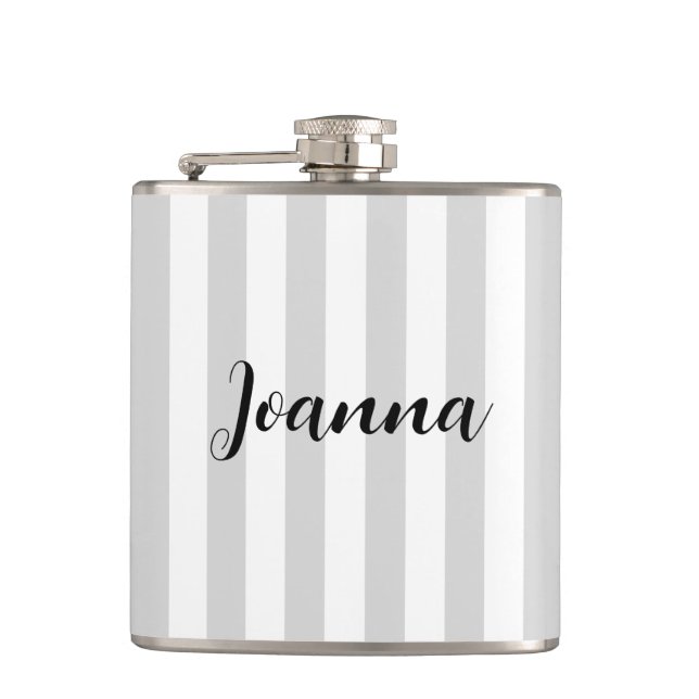 Personalized Light Gray and White Stripes  Flask (Front)