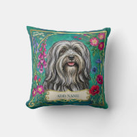 Personalized Light Gray Lhasa Apso Floral Cushion