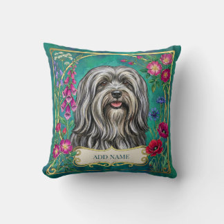 Personalized Light Gray Lhasa Apso Floral Cushion