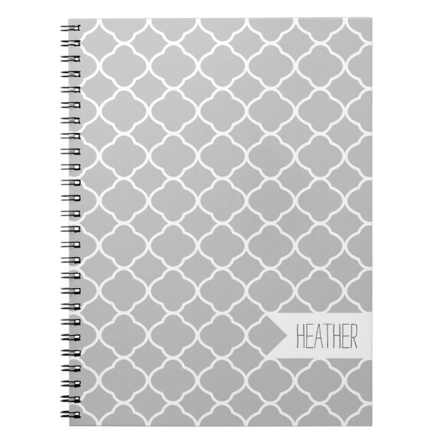 Personalized Light Gray Quatrefoil Pattern Notebook (Front)