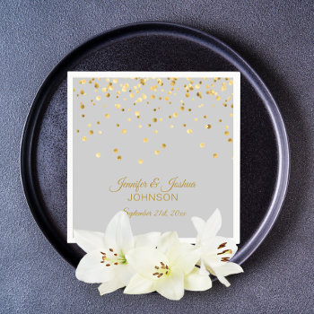 Personalized Light Grey Gray Gold Confetti Wedding Napkins by UniqueWeddingShop at Zazzle