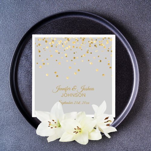 Personalized Light Grey Gray Gold Confetti Wedding Napkins