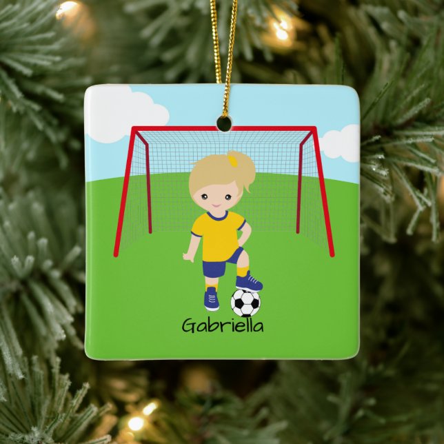 Personalized Light Haired Soccer Girl Christmas Ceramic Ornament (Tree)