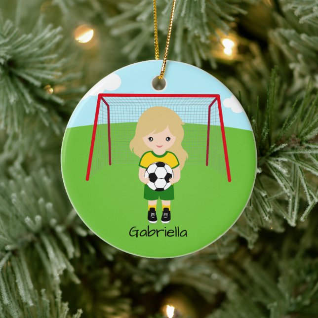 Personalized Light Haired Soccer Girl Christmas Ceramic Ornament (Tree)