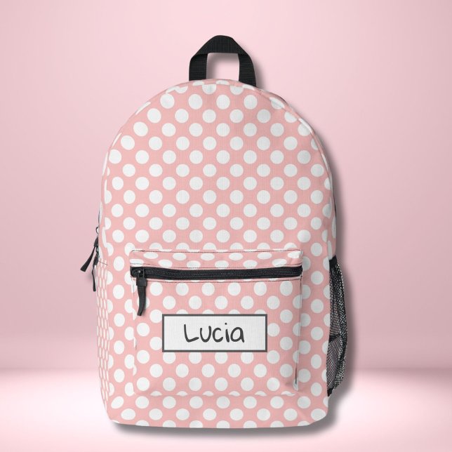 Personalized Light Pink and White Polka Dot  Printed Backpack (Creator Uploaded)
