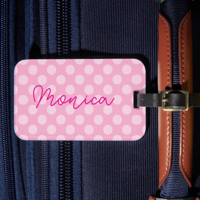 Personalized Light Pink Polka Dot Luggage Tag (Front Insitu 4)