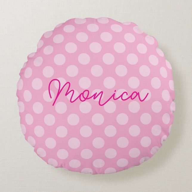 Personalized Light Pink Polka Dot Round Pillow (Front)