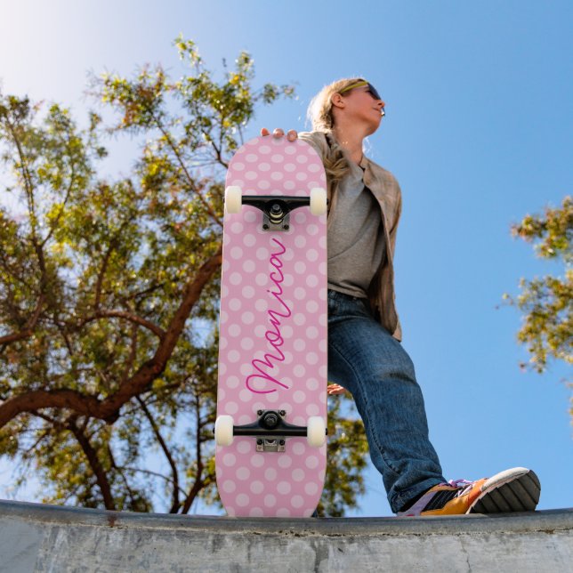 Personalized Light Pink Polka Dot Skateboard (Outdoor 1)