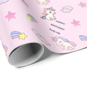 Personalized Light Pink Unicorn Birthday Wrapping Paper