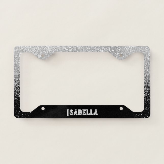 Personalized Light Silver Glitter on Black License Plate Frame (Front)