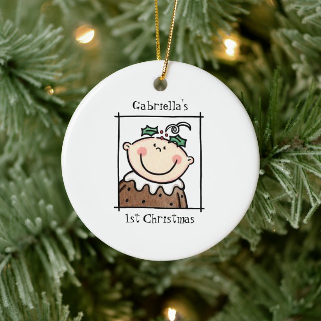 Personalized Light Skin Tone Baby Face Baby's 1st Ceramic Ornament (Tree)