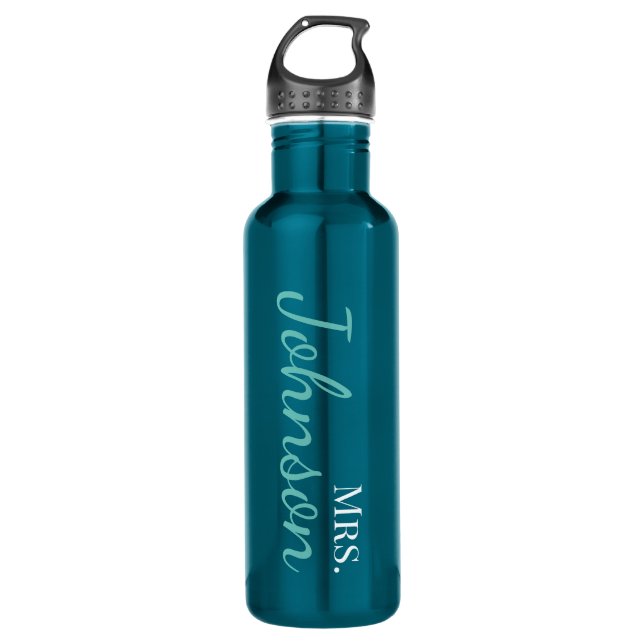 Personalized Light Teal Calligraphy School Teacher Stainless Steel Water Bottle (Front)