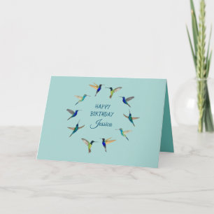 Personalized Light Teal Hummingbird Happy Birthday Card