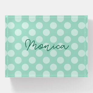 Personalized Light Teal Polka Dot Paperweight